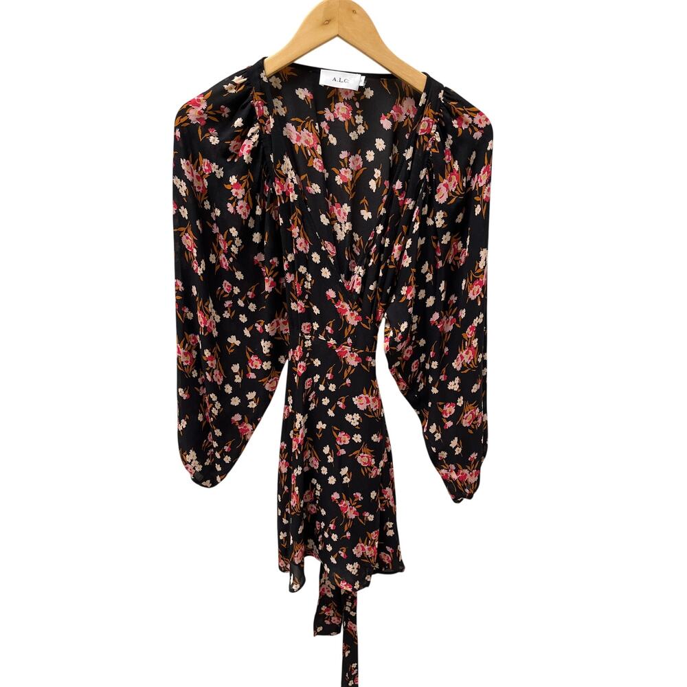 A.L.C silk wrap black dress with flowers, size 0, bell sleeves